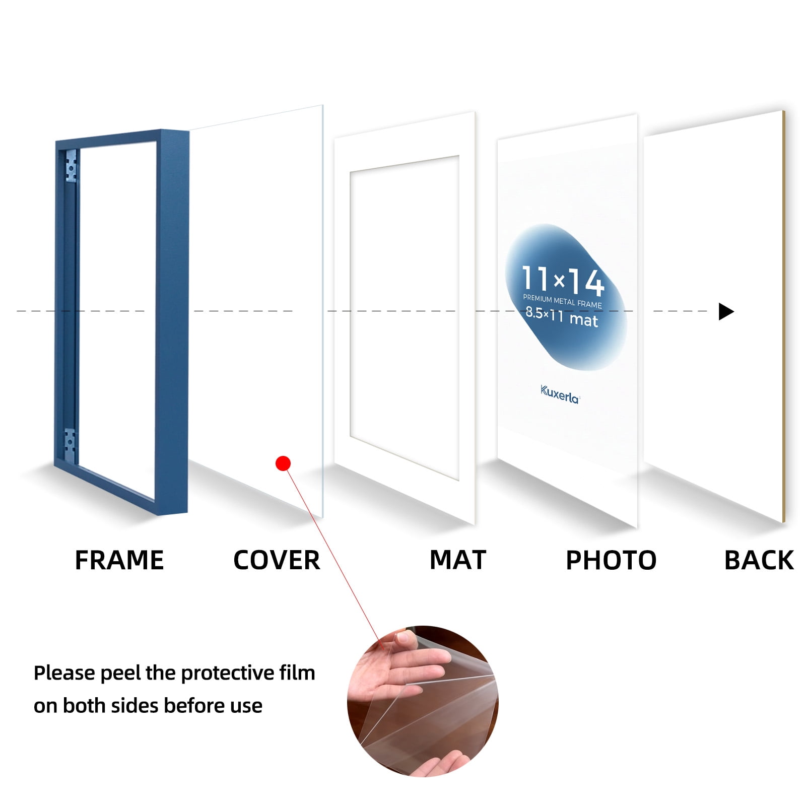 Kuxerla 2 Pack 11x14 Picture Frame Holds 8.5x11 Picture with Mat or 11x14 Picture without Mat,With Clear Acrylic Front and MDF Back Panel,Blue