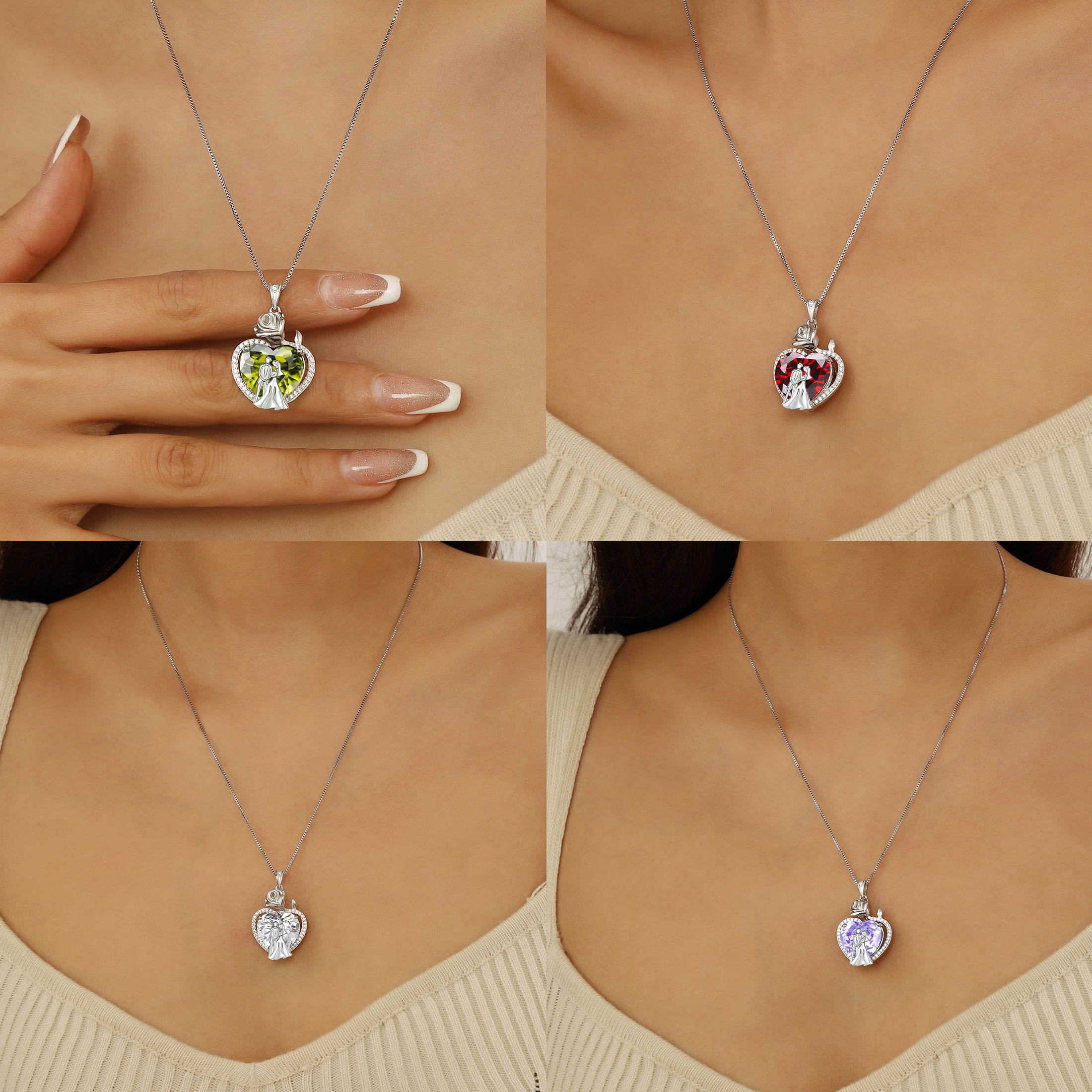Juwaliy Couple Necklace for Women 925 Sterling Silver 15MM Heart June Birthstone Rose Flower Pendant Promise Engagement Bridal Jewelry Valentines Gift for Wife Girlfriend