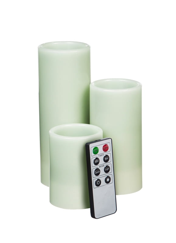 Sage Green Battery Operated Flameless LED Wax Pillar Candle, Set of 3
