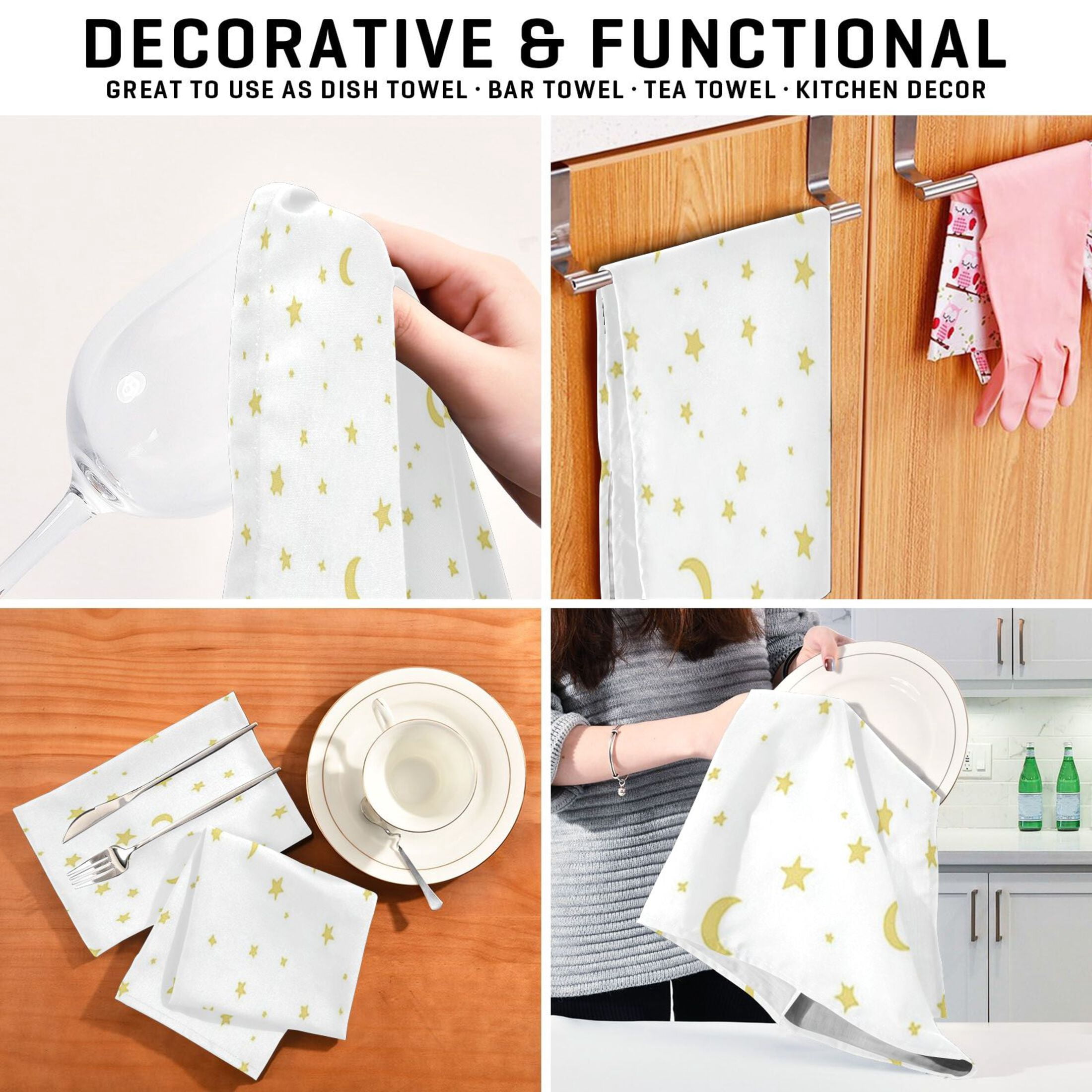 Yellow Stars and Moons Kitchen Towels 6-Piece Pack Tea Towels for Kitchen Decorative Waffle Design 28x18in