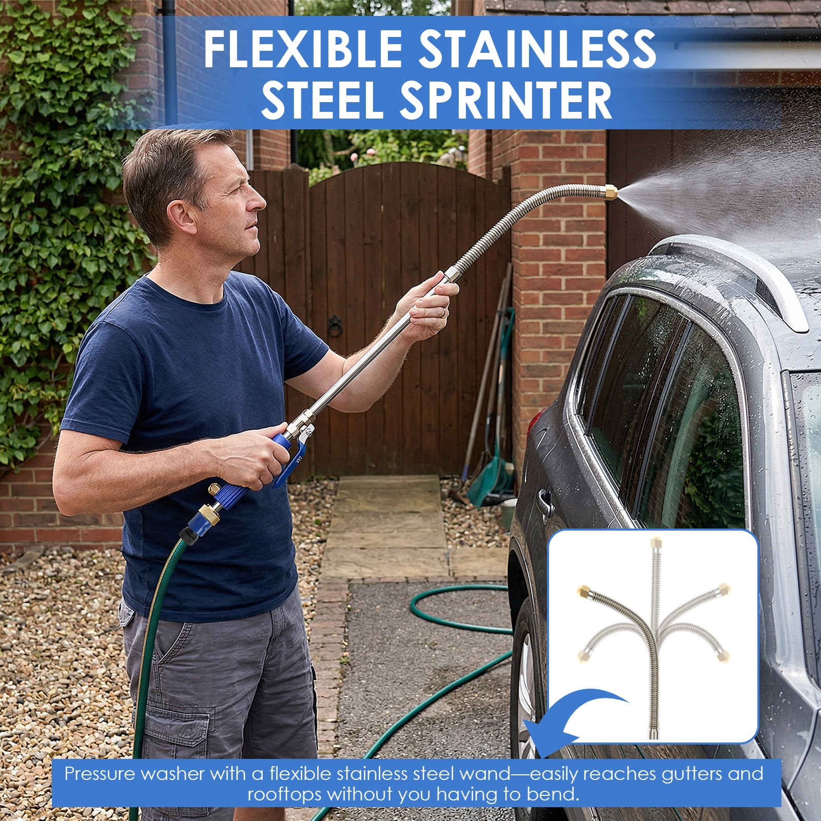 Jet Nozzle High Pressure Hose Nozzle with Extension Wand 2-in-1 High Pressure Power Washer for Car Washing Gutter Cleaning Watering with 2 Different Tips Quick Connectors and Gloves 18 Inch Blue