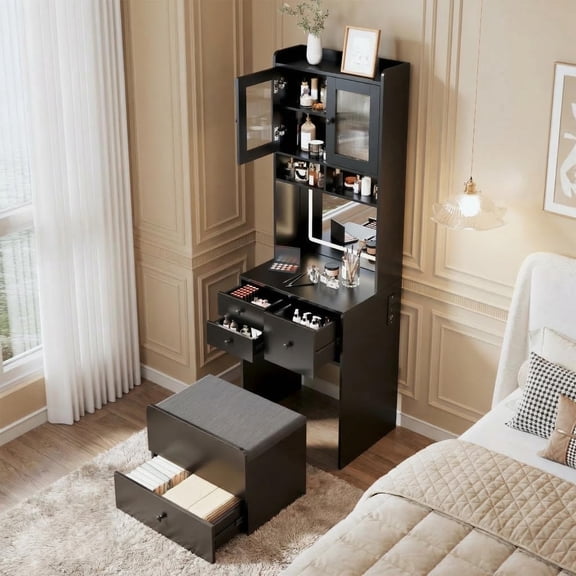 Vanity Desk with LED Lights Mirror & Power Outlet, Small Makeup Vanity Set with 4 Drawers and Cabinet, Compact Dressing Table with Cushioned Storage Chair and 3 Lighting Modes for Bedroom, Black