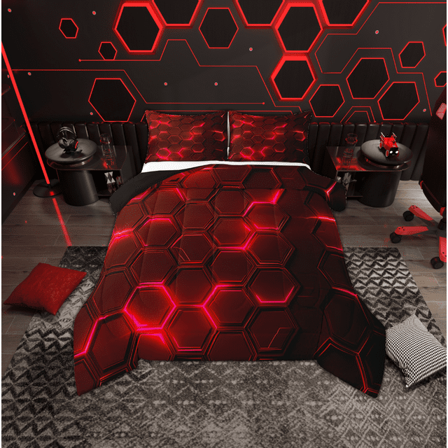 Erosebridal Chic Honeycomb Bedding Queen Comforter Set, Red Geometry Comforter Sets Queen Size, Teens Teenager Reversible Down Comforter, Microfiber Room Decor, 3 Pieces