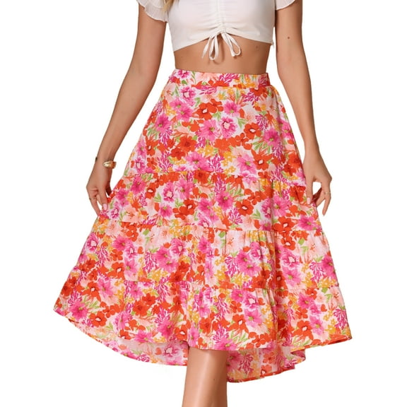 DARING DIVA Women's Boho Floral High Low Hem Elastic High Waist Midi Skirt XS