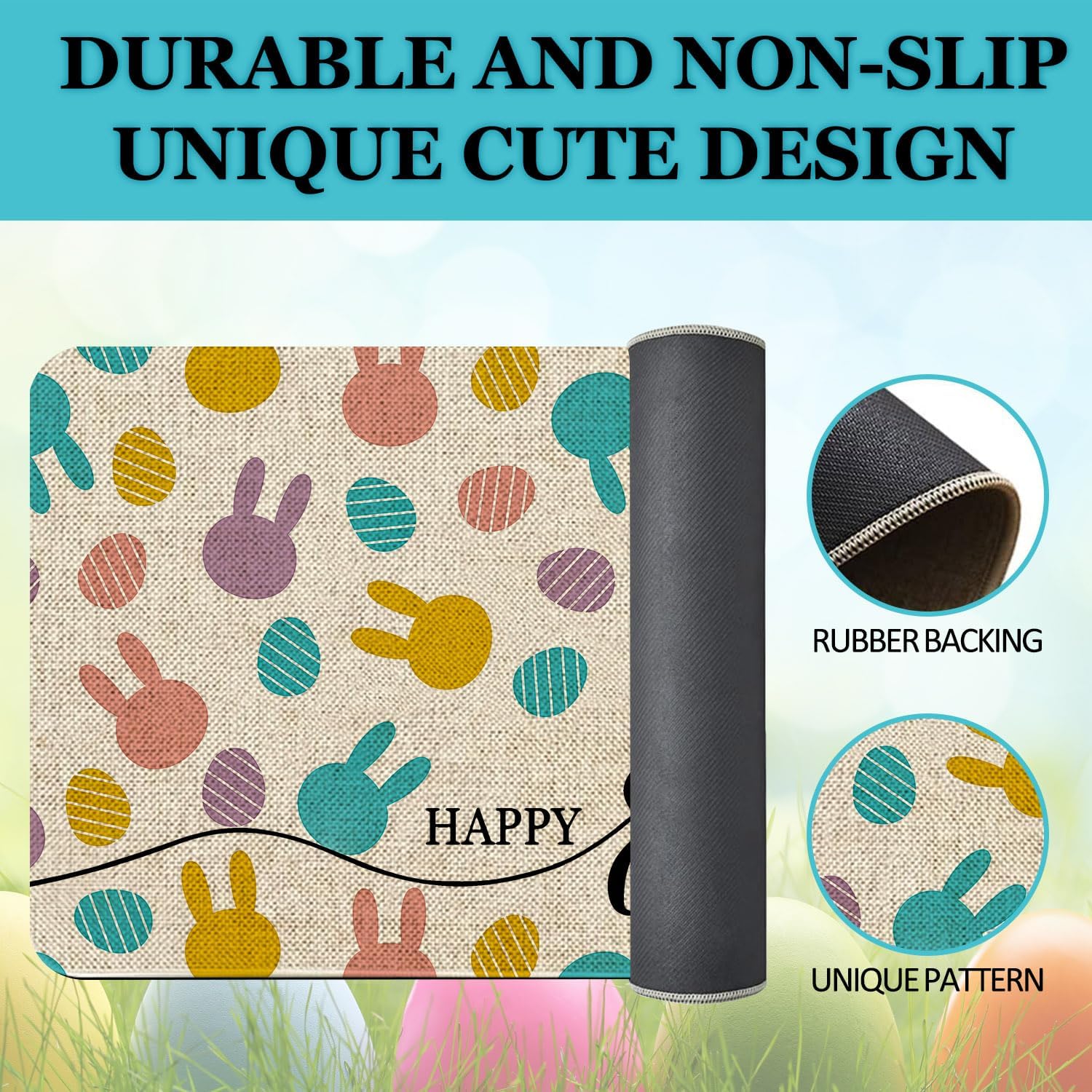 Happy Easter Door Mat Funny Text Indoor mat,Peeps Farmhouse Welcome Mats Holiday Creative Decorative Seasonal Burlap Welcome Floor Rabbit Mat Switch Mat for Outdoor 17 x 30 in