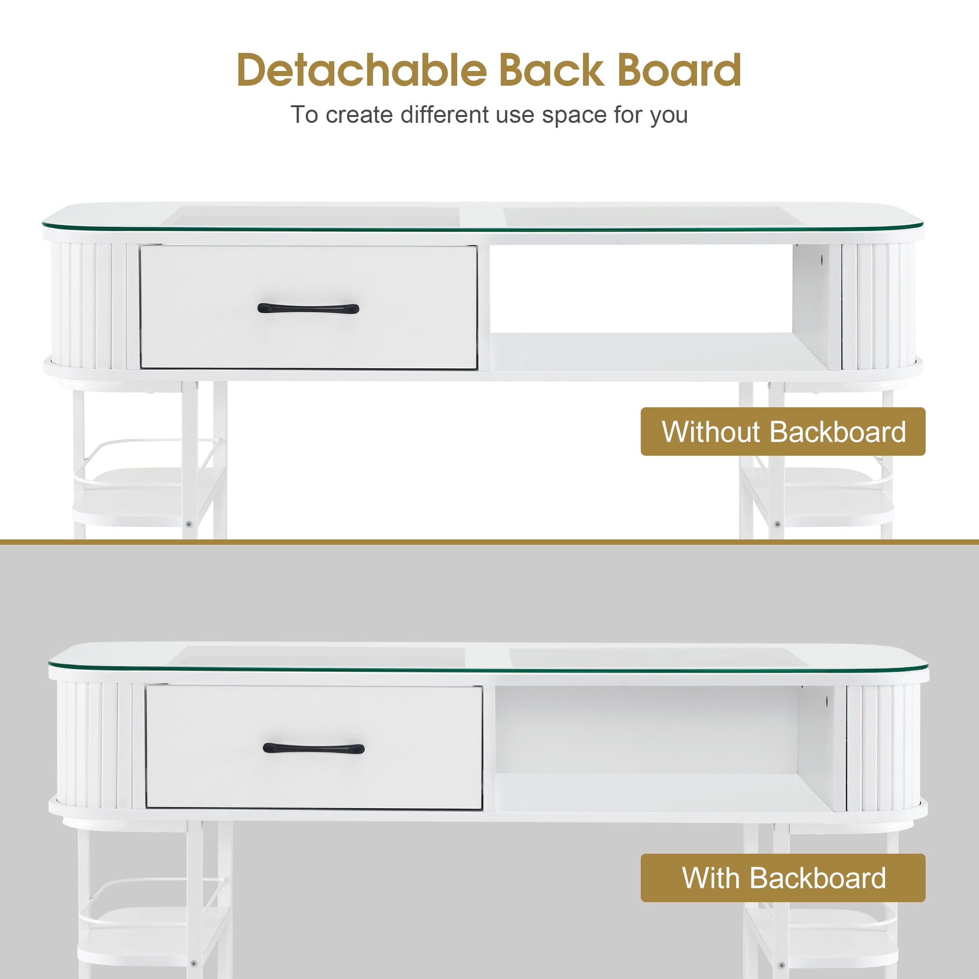 BarberPub Manicure Table Acetone-Resistant Nail Tech Desk with Glass Top, Storage Shelves Beauty Makeup Station(White)