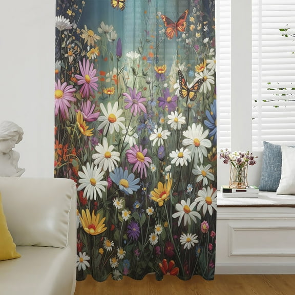 Spring Floral Semi Sheer Curtains Drapes for Living Room,Bedroom,French Doors Window 54 Inches Long,Colorful Daisy Summer Botanical Butterfly Rod Pocket Chiffon Curtain Drapery Voile Draperies Panel