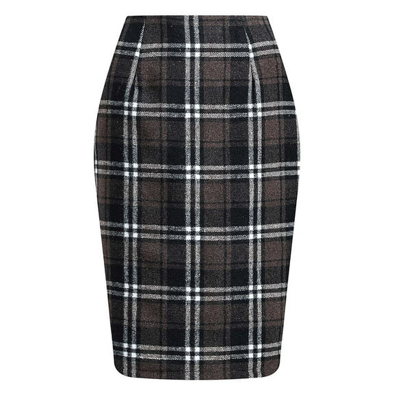 ShomPort Midi Plaid Skirts for Women Fall Winter Knee Length High Waist Pencil Skirt