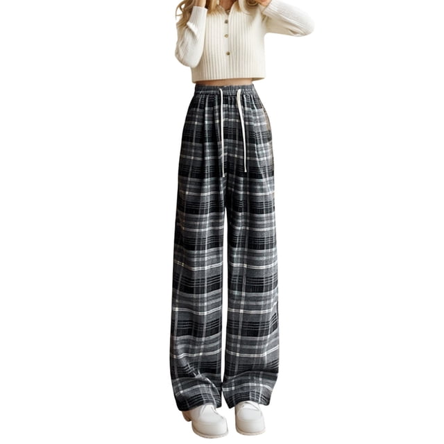 Pantalones de mezclilla Gibobby Pantalones casuales de pierna ancha 100 adelgazantes de cintura alta a cuadros retro negro L