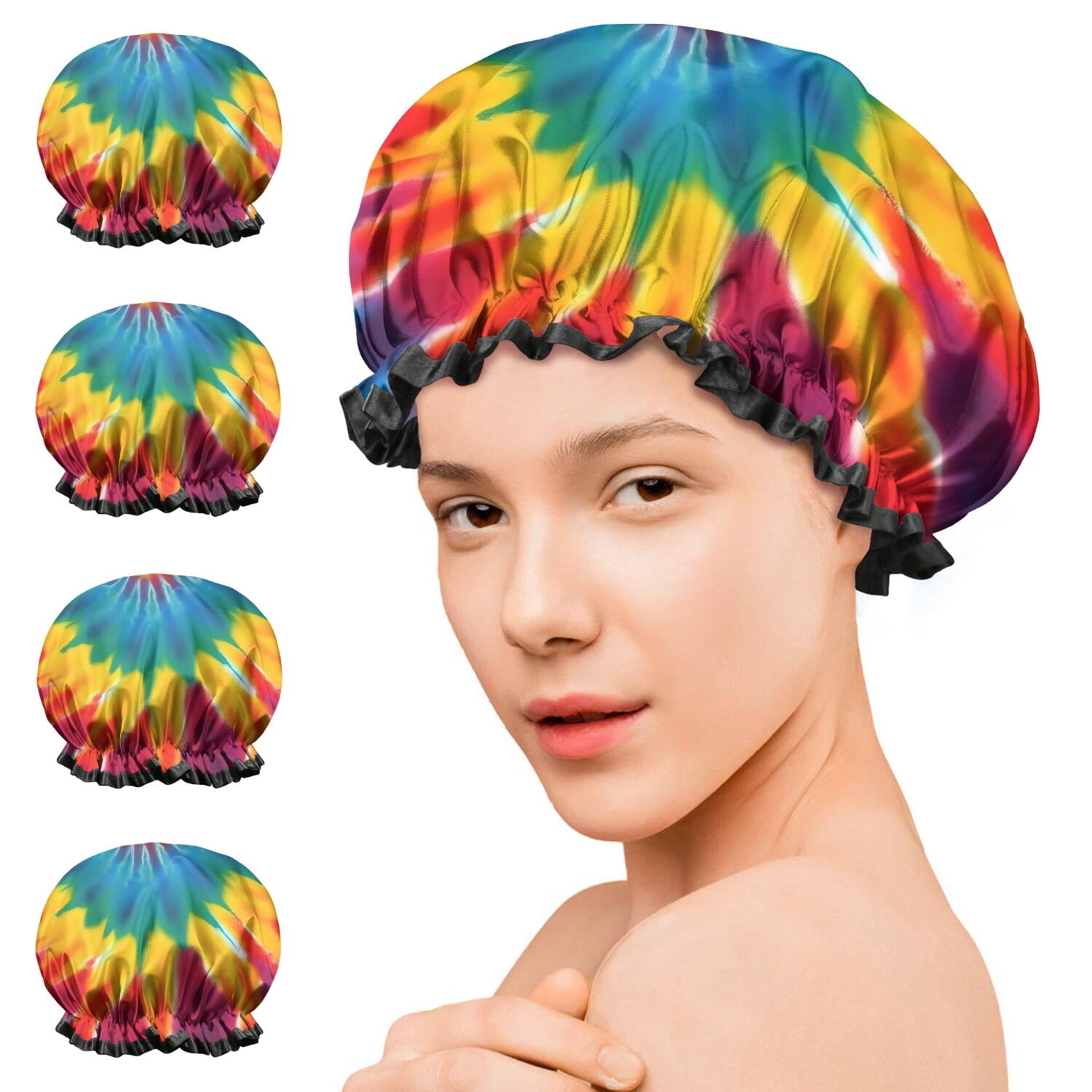 Shower Caps,Rainbow Tie Dye Mandala Pattern Waterproof Shower Cap for Women 4 Pieces,Double Reusable Hair Cover for Shower PEVA Elastic Stretch Hem