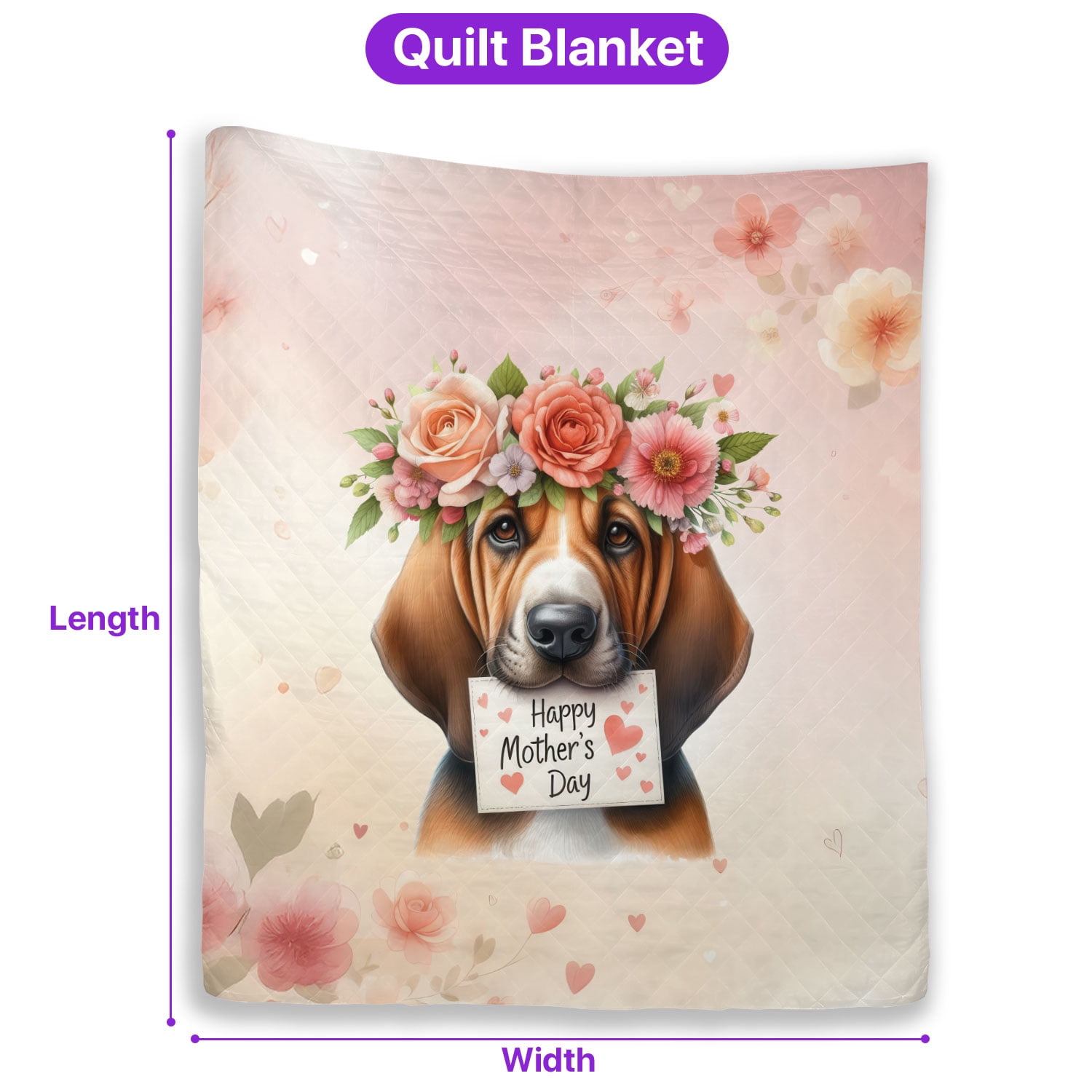 Happy Mother's Day Bloodhound with Flower Crown and Greeting Card Quilt Blanket Dog Lover Cozy Comforter Throw Blanket - 13004
