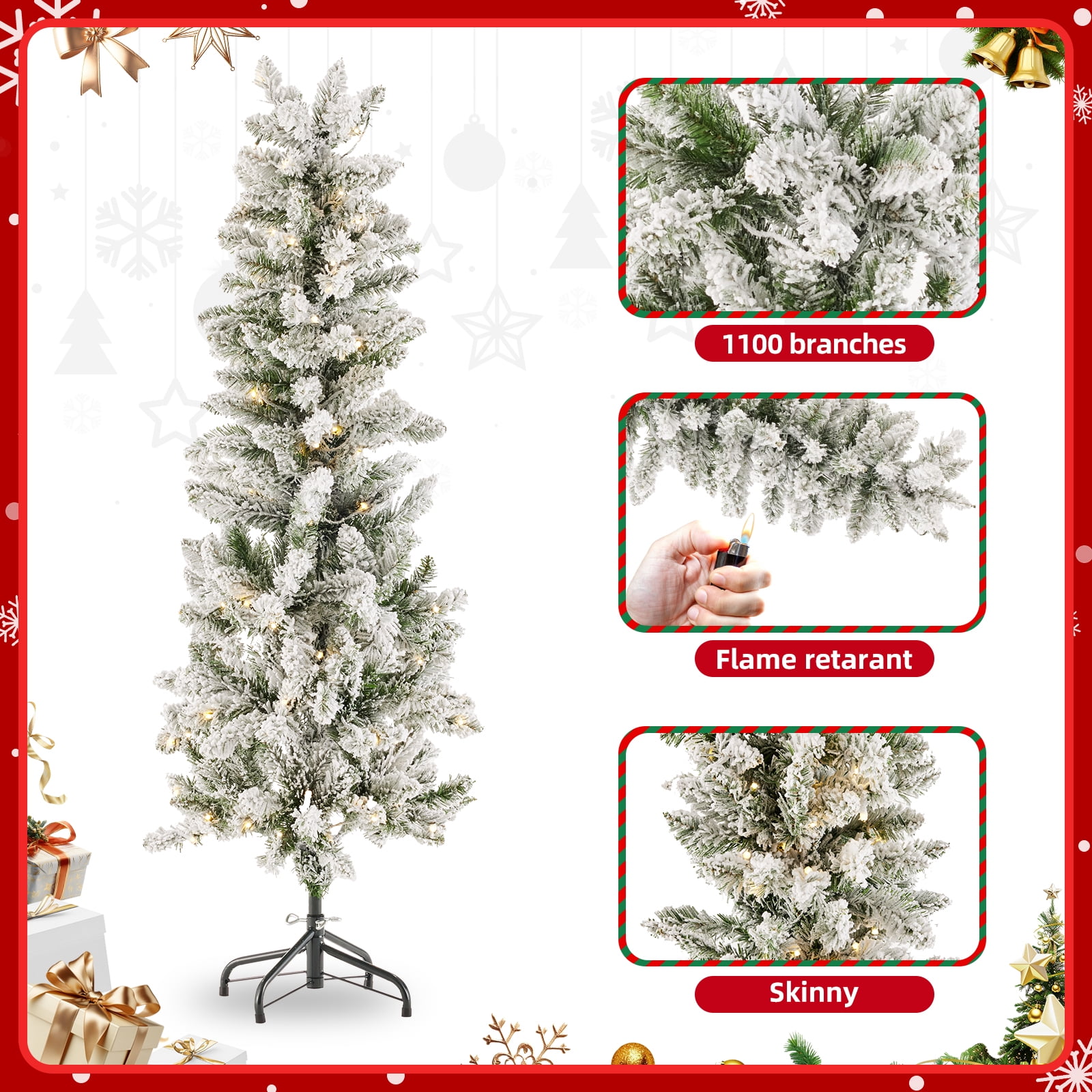 CONCETTA 7.5ft Snow Flocked Pencil Christmas Tree, Prelighted Artificial Christmas Trees with 350 Incandescent Lights, 860 Branch Tips & Foldable Base for Home, Office, Party
