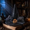 thumbnail image 5 of Halloween Witch Hat for Women, Black Lace Wizard Hat with Pumpkin Skeleton Rose Decor, Gothic Costume Accessory for Halloween Party Cosplay Carnival Dress Up, 5 of 5