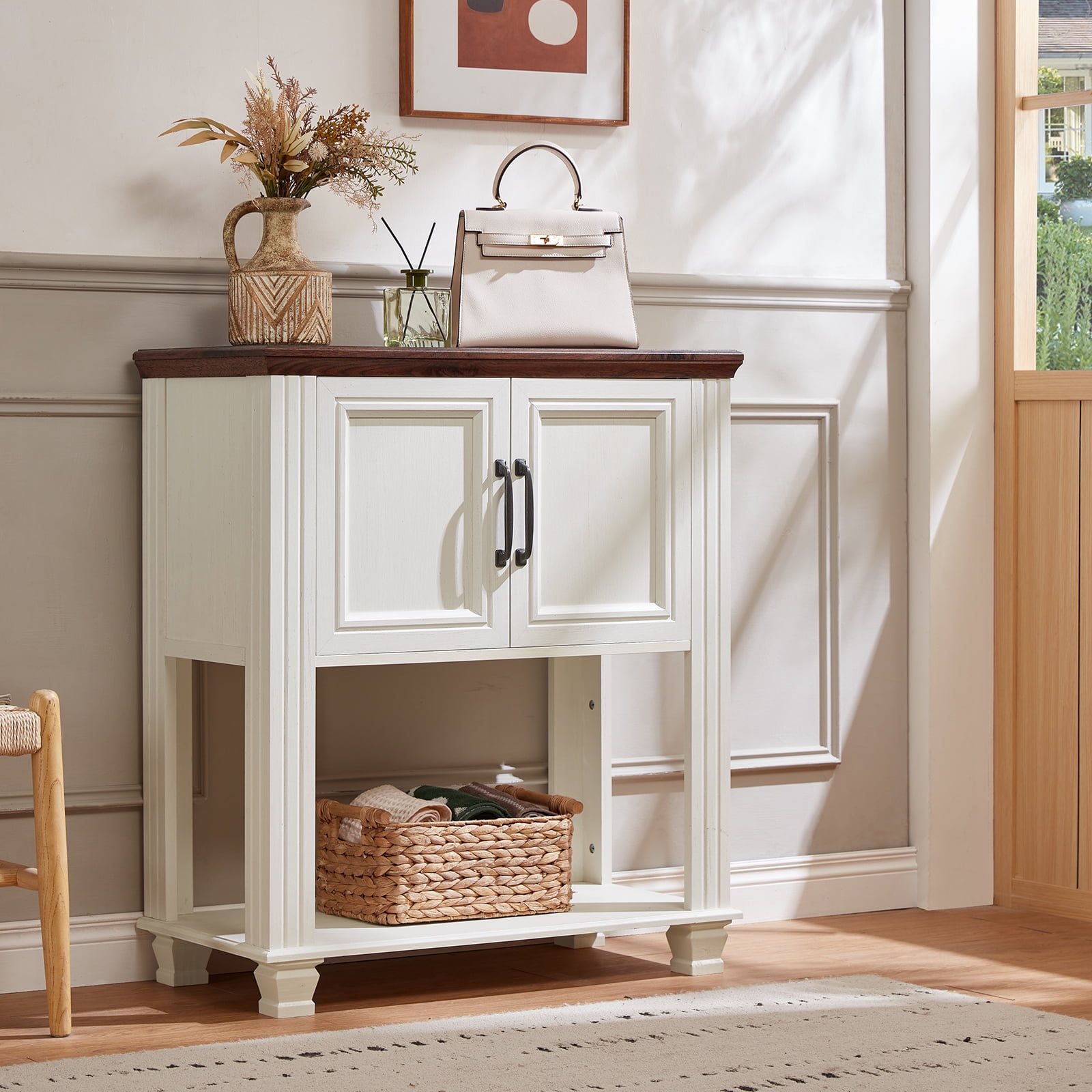 Buildhom Farmhouse Coffee Bar Cabinet with 2 Doors & Open Shelf, Kitchen Storage Station for Dining Room, Living Room, White
