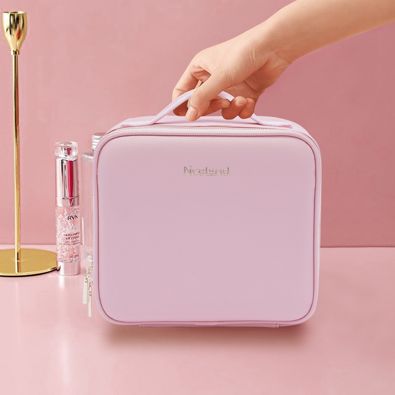 LED Makeup Cosmetic Bag Case with Light &Mirror Travel PortablePink