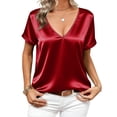 thumbnail image 2 of SYMOID Womens Casual Satin V Neck Blouse Short Sleeve Rolled Cuff Relaxed Flowy Fit Summer Dressy Going Out Top for Work Date Night Red,Size XL, 2 of 6