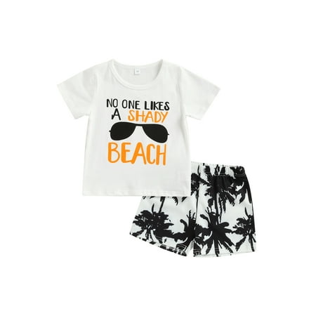

Suanret Children Boys Shorts 2PCS Suits Toddlers Short Sleeve Letter Printed T-shirt Coconut Tree Printed Shorts White 18-24 Months