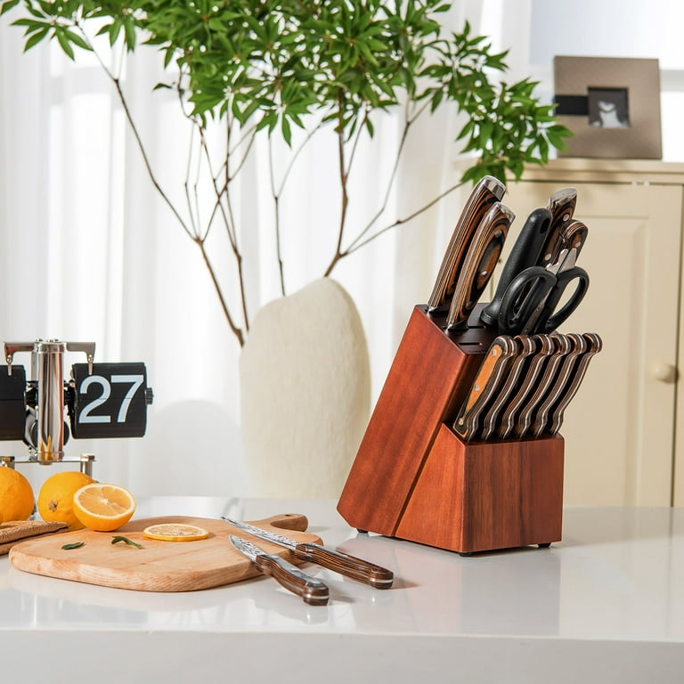 Marco Almond Kya26 14-Piece Knife Block Set with Built-in Sharpener,Stainless Steel Knife Set, Brown