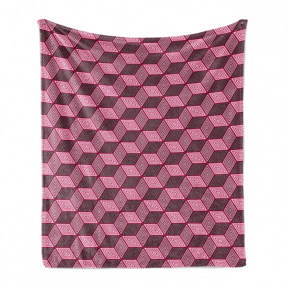 Cubes Soft Flannel Fleece Throw Blanket, Print of Optical Style Game Like Concept Abstract Image Geometric Details, Cozy Plush for Indoor and Outdoor Use, 60" x 80", Magenta and White, by Ambesonne