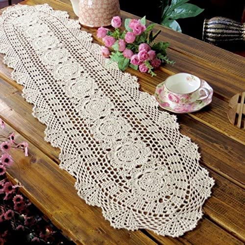 12x35inch Hand Crochet Cotton Table Runner Dresser Scarf Oval Lace Doily Beige 