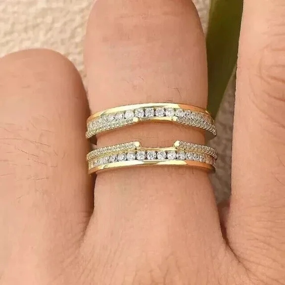 Enhancer Wrap Guard Ring Moissanite White Cut Round 2 Ct Plated Gold Yellow 14k