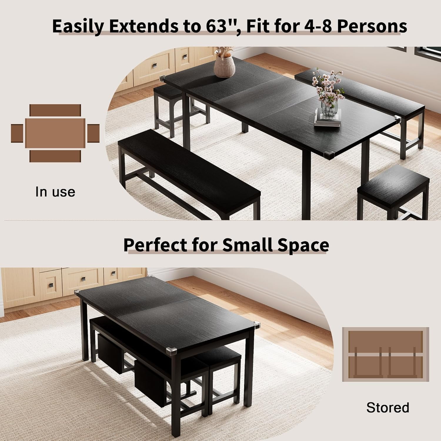 Honfach 5 Piece Dining Table Set for 4-8 People, 63" Large Extendable Kitchen Table Set with 2 Benches and 2 Square Stools, Black