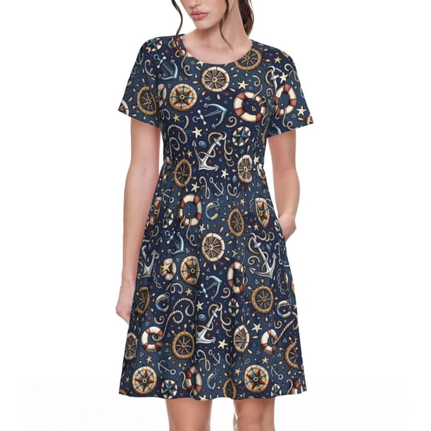 Fotbe Nautical Vestido Largo de Moda para Mujer, Vestido Tipo Camiseta con Manga Corta y Estilo Casual a Rayas y Bloques de Color