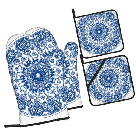 

Pofeuu Blue Watercolor Print Oven Mitts and Pot Holders 4 pcs Set High Heat Resistant 500 Degree Extra Thicken Long Kitchen Cotton Oven Glove for Cooking