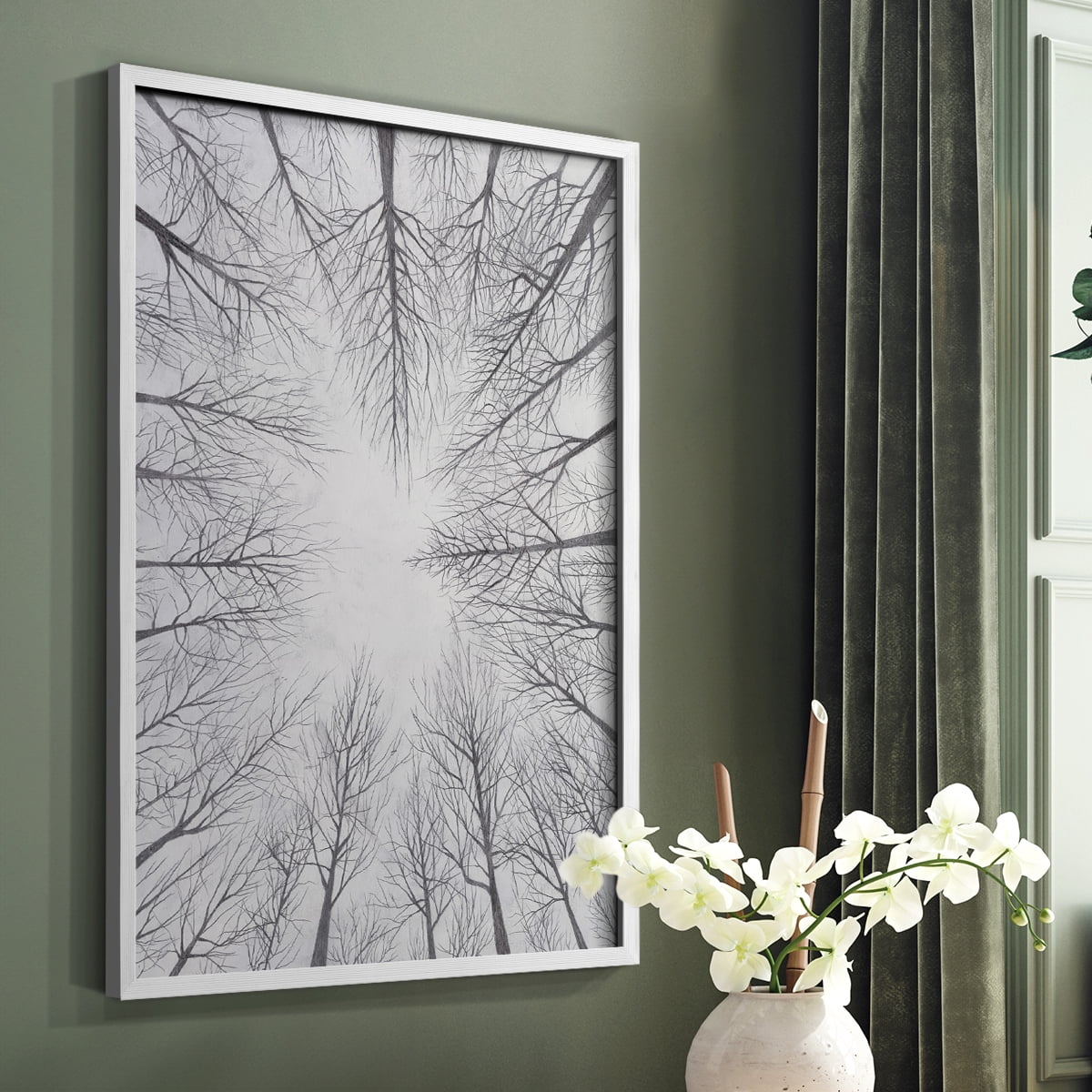 Deciduous Canopy I Framed Print in White Solid Wood Framed Print No Nail Hanging