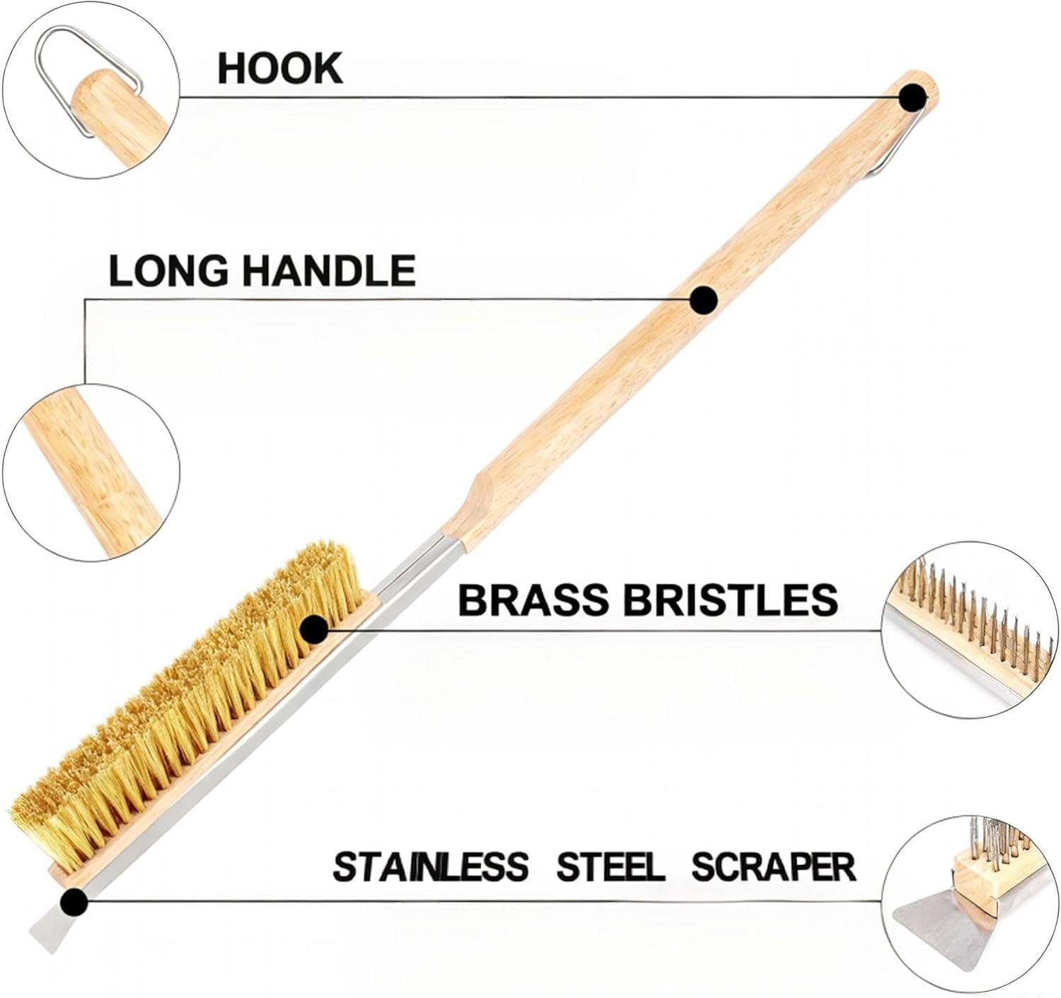 RVKXHD 26” Pizza Oven Brush with Scraper - Heat Resistant Brass Bristles, Extra Long Handle - Compatible with Ooni Ovens, Outdoor Ovens, BBQ Tools, Baking Stones and Griddles- Includes Spare Head