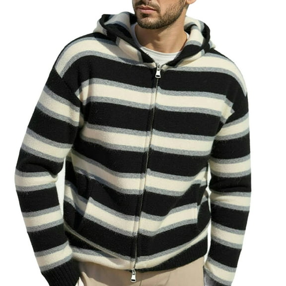 MELDVDIB Mens Zip-Up Hoodies Striped Printed Long Sleeve Coats Outdoor Fashion Causal Travel Hooded Jackets Lounge Outfit with Pockets Black L