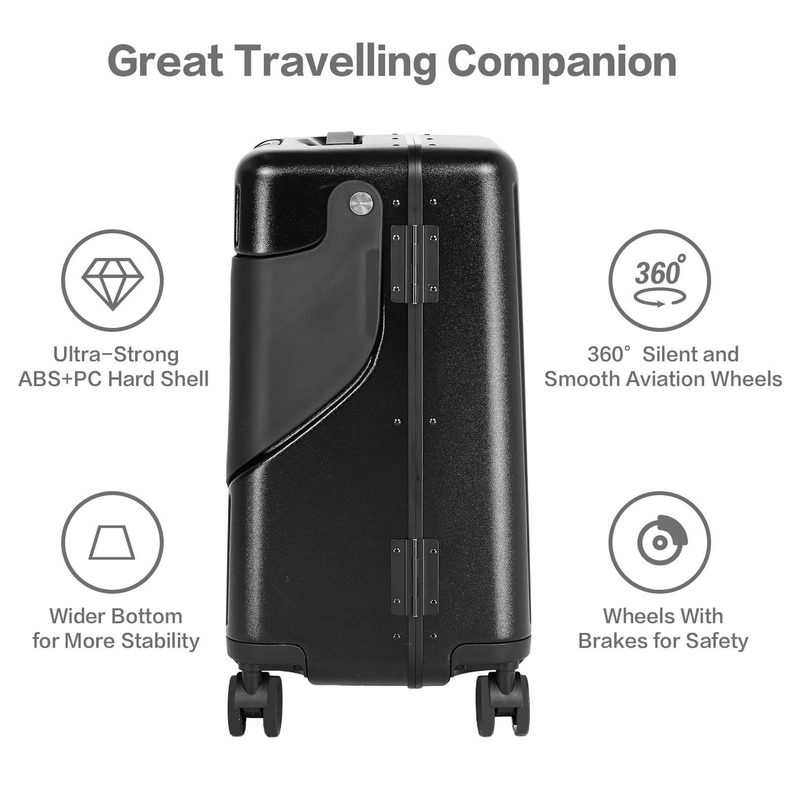 Advwin 20" Carry on Luggage with Seat for Kids, Hardside Lightweight Ride on Suitcase with 4 Spinner Wheels & TSA Lock for Travel, Black