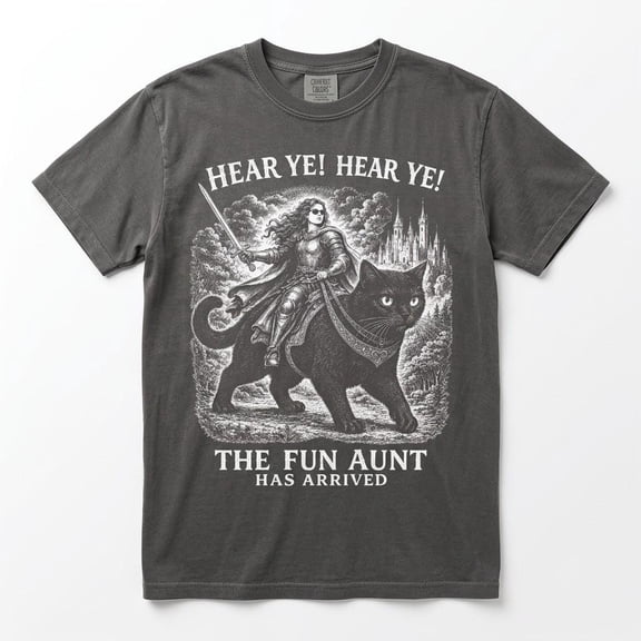 Fun Aunt Knight Riding Black Cat T-Shirt, Hear Ye Fun Aunt Has Arrived Tee, Funny Medieval Cat Meme Shirt, Auntie Cat Lover Gift