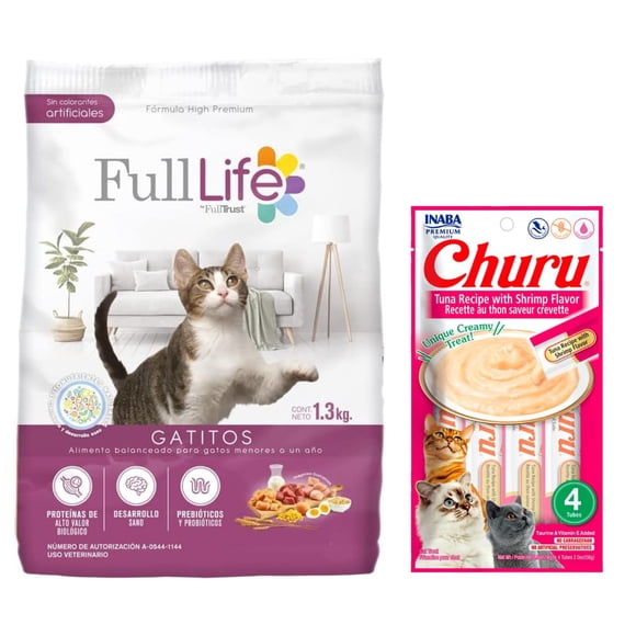 Full Life Gatitos 1.3 kg + Churu Atún con Camaron Sobre con 4 Tubos de 14 g