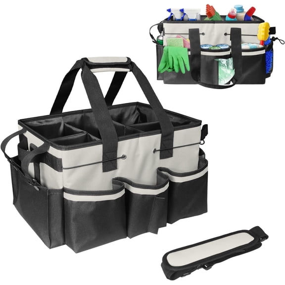 Large Cleaning Caddy Bag, Organizer Tote Bag with Handles and Shoulder Strap, Bag Car Organizer Caddy with Multi Pockets, Wearable Cleaning Supply Trunk Organizer Buckets(Off-White)
