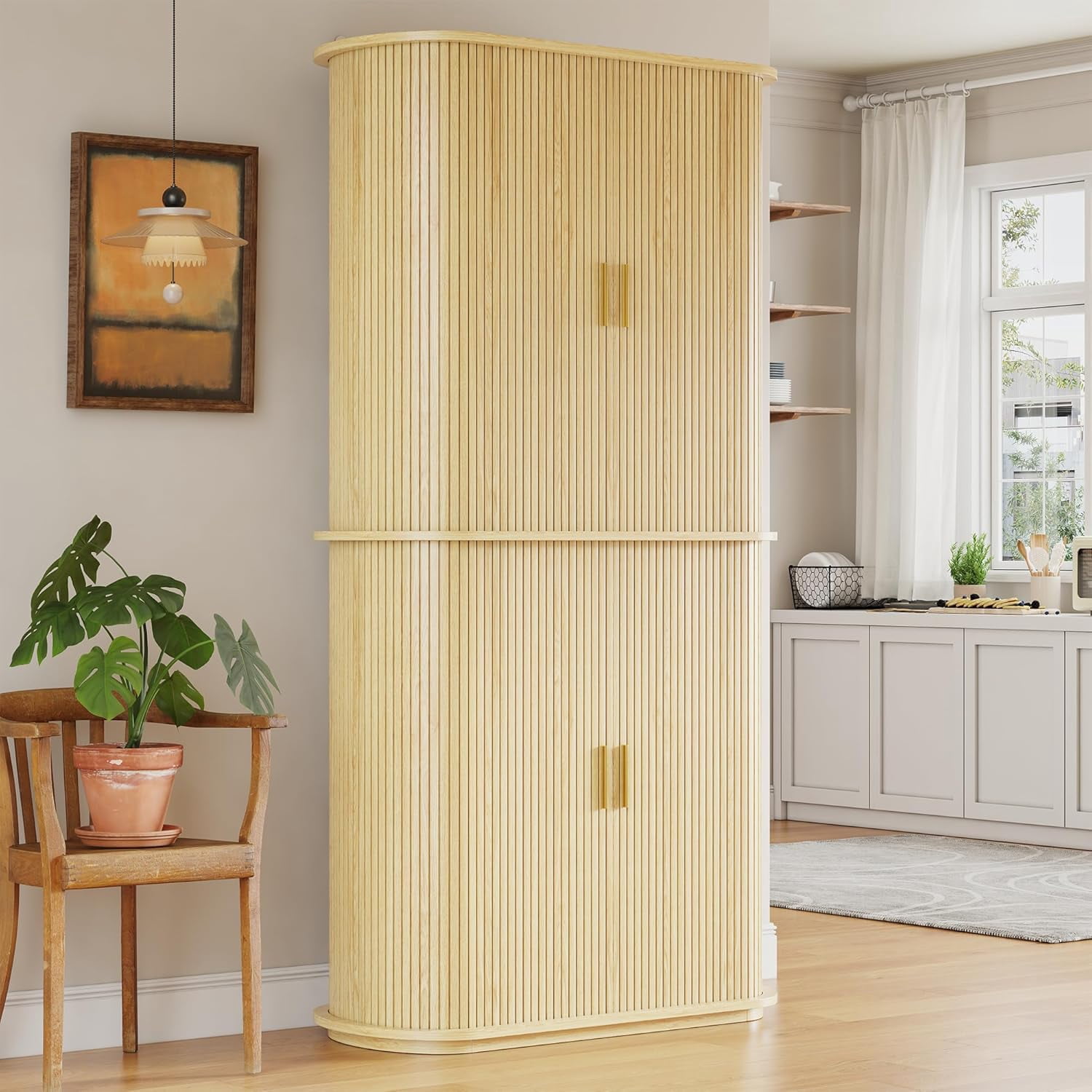 iPormis 64" Kitchen Pantry with Sliding Doors, Tall Farmhouse Curved Pantry Storage Cabinets with Drawer & Pull Out Shelves, Freestanding Wood Cupboard for Kitchen Dining Room Living Room, Natural