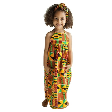 

ZMHEGW Toddler Kids Baby Girls African Dashiki Traditional Style Sleeveless Strap Dress Ankara Princess Backless Dresses Headband Outfits 1-5Y
