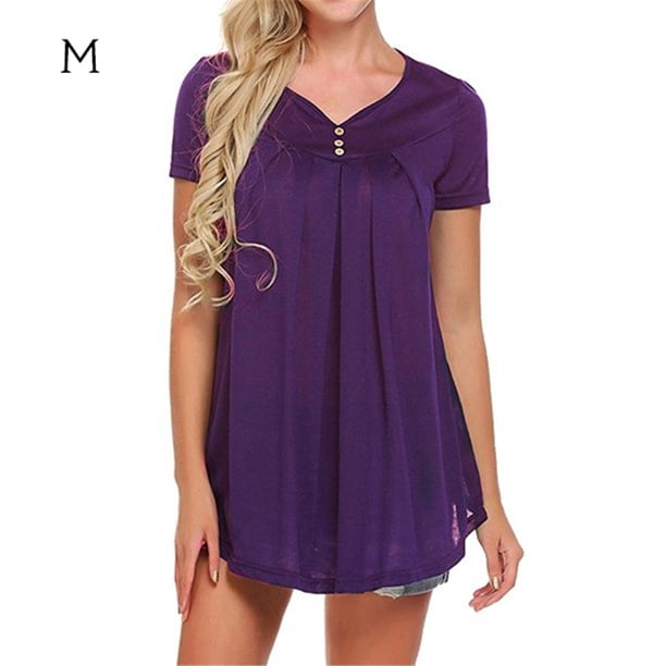 Sonducket Amart - Camiseta de mujer de manga corta con cuello en V y blusa holgada plisada Prendas para la parte del cuerpo Violeta METRO