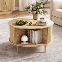 Modern Round Storage Coffee Table, Natural Fluted Table with 360° Curved Sliding Doors & Solid Wood Legs for Living Room, Apartment, Home Office