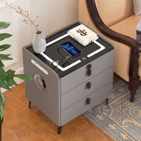 Nightstand with Charging Station,Smart Nightstand with Fingerprint Lock,Bedroom Side Table with Speakers and Smart Sensor LED Lights,Modern Solid Wood Bedside Table,Tempered Glass Panel