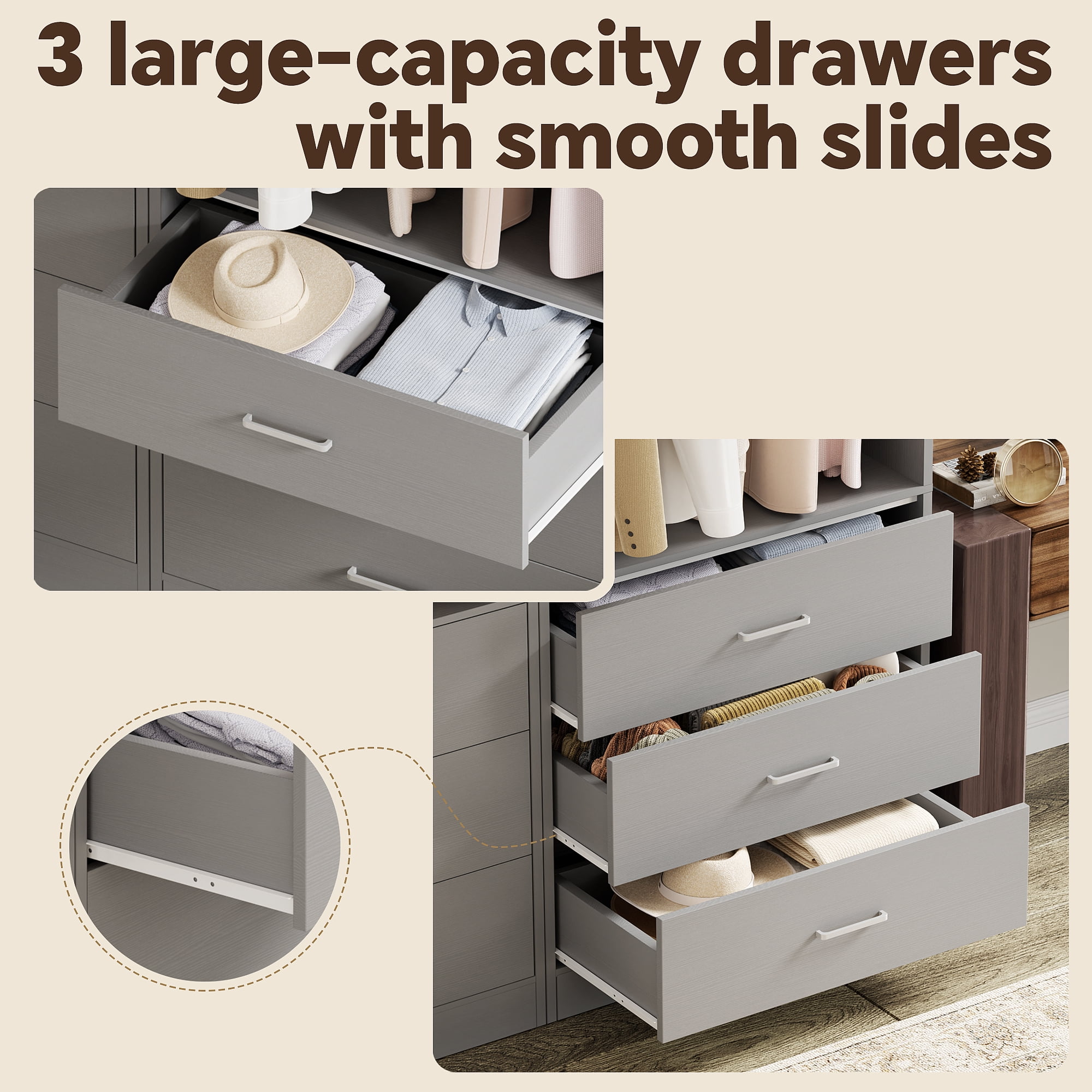 Homieasy 4FT (48 Inch) Closet Organizer System,Set of 2 - 6 Wood Drawers, 2 Hanging Rods & 2 Shelves, Heavy Duty Walk-in Closet Storage,Gray