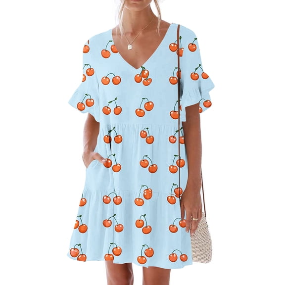 Aboser Short Sleeve Ruffled Dresses for Women Summer Cute Cherry Print Dress Trendy Tiered Mini Dresses Flowy V Neck Tshirt Dress Casual Beach Dresses with Pocket