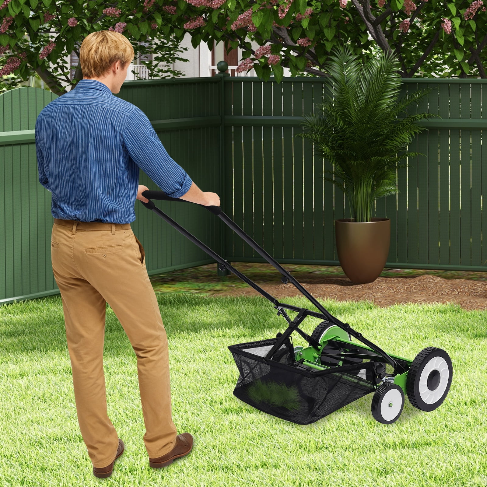 16-Inch 5-Blade Cordless Manual Reel Lawn Mower, Adjustable Cutting/ Handle Height Grass Cutter Green