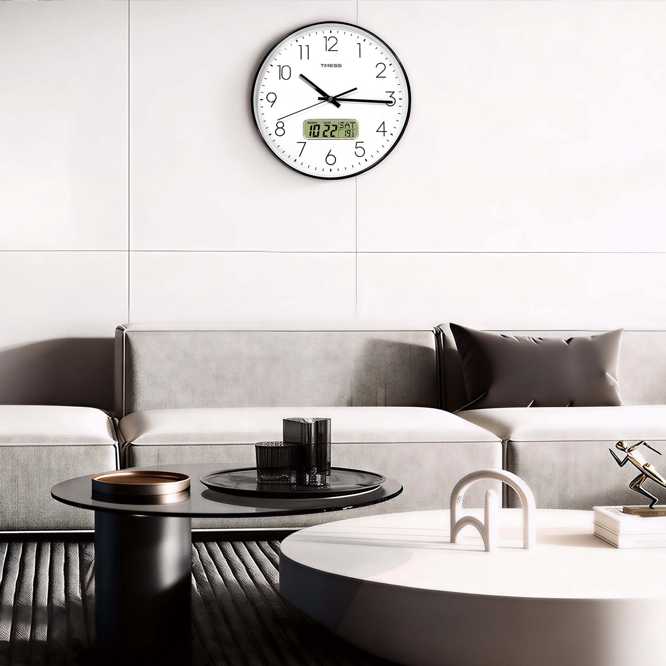 TIMESS 14 Inch Silent Wall Clock with Date Display, Large Easy-Read Numbers, Battery Operated, Modern Home Clock (Black)