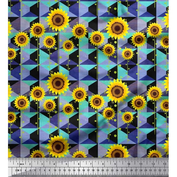 Soimoi Cotton Duck Fabric Check,Dot & Sunflower Flower Printed Craft Fabric by The Yard 56 Inch Wide