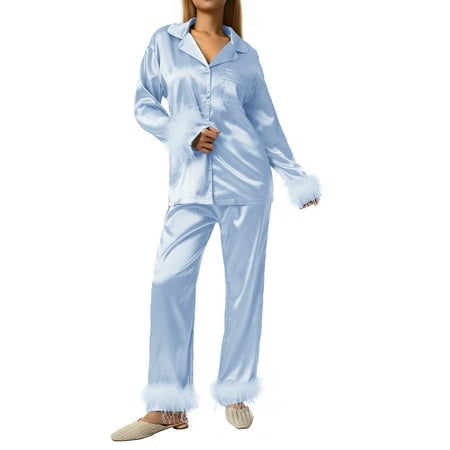 

SUNSIOM Silk Satin Women Pajamas Set Feather Long Sleeve Button Down Shirt and Pants 2 Piece Sleepwear Loungewea