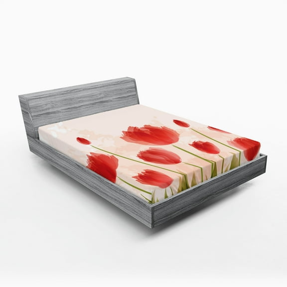 Ambesonne Floral Fitted Sheet, Romantic Tulip Blossoms, Queen Size, Vermilion Green Peach
