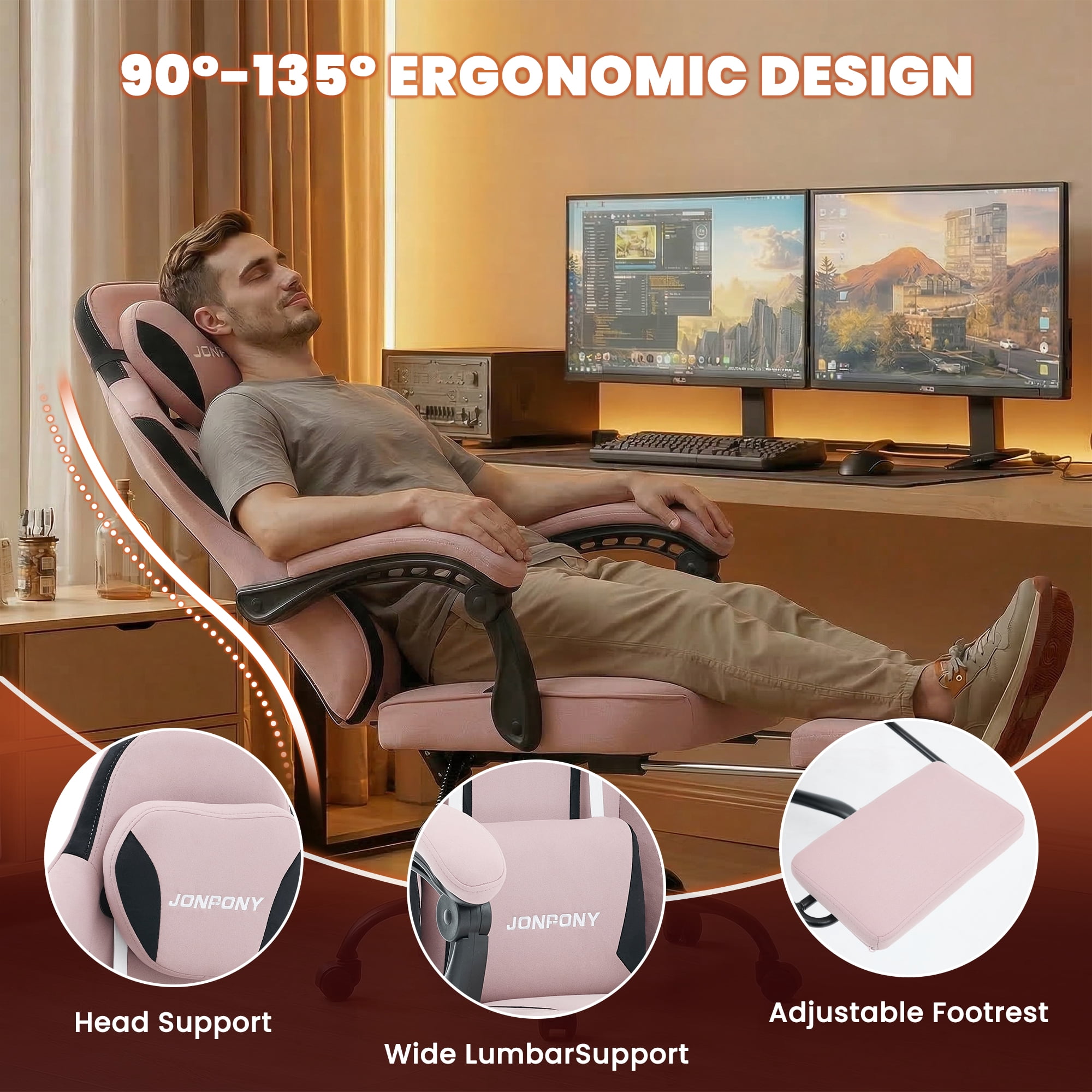 JONPONY Big and Tall 400LBS Gaming Chair with Foot Rest,Breathable Fabric for Home Office Desk, Ergonomic High Back Computer Chair with Headrest & Lumbar Support, Pink