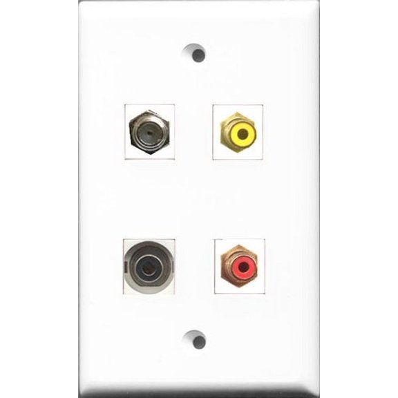RiteAV 1 Port RCA Red and 1 Port RCA Yellow and 1 Port Coax Cable TV- F-Type and 1 Port 3.5mm Wall Plate