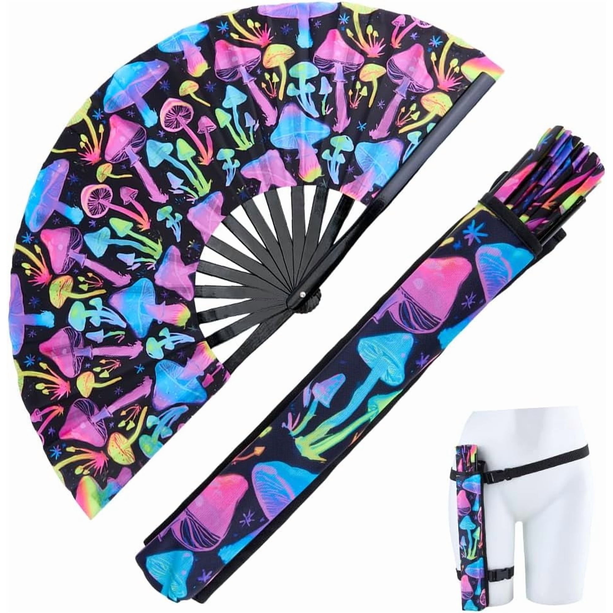 1 Set Bamboo & Oxford Fabric Folding Fan with Bag and Belt for Party Wedding Dancing Decoration Mushroom 330mm